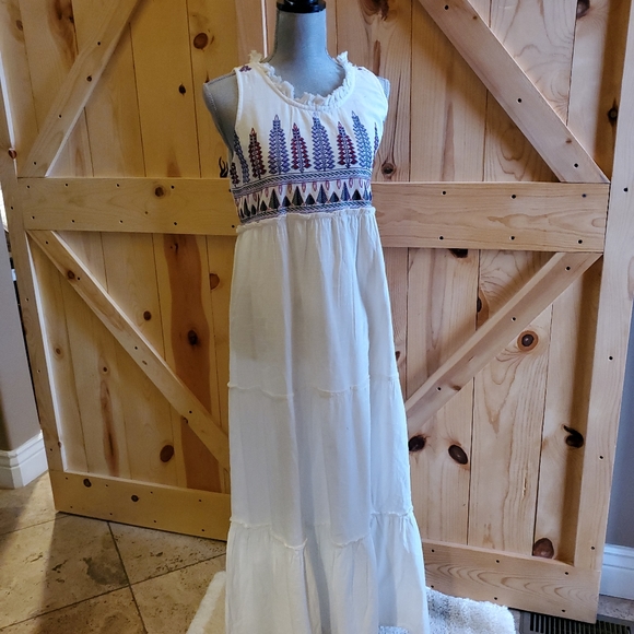 Raga Panama Casual Maxi Dress S Tiered Embroidered Cotton Sleeveless Boho - Picture 3 of 8